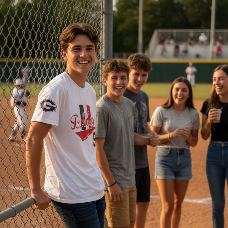 Group of teenagers on a baseball field with one smiling at the camera.